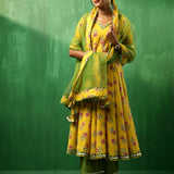 Sunflower Yellow Floral Printed Crepe Anarkali Set
