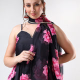 Jet Black Floral Printed Organza Tiered Anarkali Set