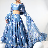 Denim Blue Floral Printed Organza Ruffled Lehenga Set