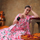 Blush Pink Floral Printed Organza Ruffled Lehenga Set