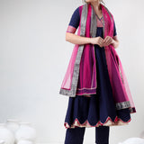 Navy Blue Cotton Anarkali Set With Scalloped Gold Hem