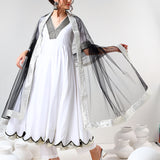 Ivory Scalloped Cotton Anarkali Set With Black Trim