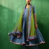 Cobalt Blue Floral Printed Cotton Anarkali Set With Green Dupatta