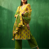 Mustard Yellow Floral Printed Cotton Salwar Set With Olive Pants