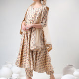 Beige Floral Printed Cotton Anarkali Set With Gota Trim
