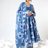 Steel Blue Floral Printed Cotton Anarkali Set
