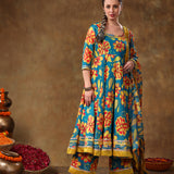 Teal Floral Printed Blended Fabric Anarkali Set With Mustard Border
