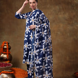 Midnight Blue Daisy Printed Georgette Salwar Set With Delicate Pearl Lace