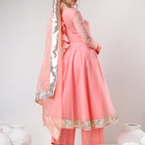 Blush Peach Cotton Anarkali Set With Metallic Gota Border