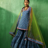 Cobalt Blue Floral Printed Cotton Sharara Set With Green Dupatta