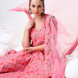 Rose Pink Floral Printed Cotton Anarkali Set With Tassel Ties