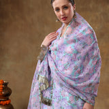 Sky Blue And Lilac Floral Printed Georgette Salwar Set With Gold Fringe
