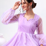 Lilac Organza Ruffled Gown With Sheer Puff Sleeves