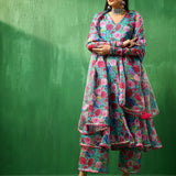 Turquoise Floral Printed Georgette Anarkali Set With Tiered Dupatta