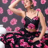 Jet Black Floral Printed Organza Tiered Lehenga Set