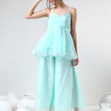 Mint Green Organza Tiered Cami Set With Silver Trim