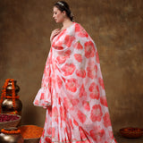 Coral Floral Printed Organza Draped Lehenga Set