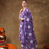 Royal Purple Rose Printed Georgette Salwar Set With Geometric Scallop Borders