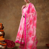 Blush Pink Floral Printed Organza Anarkali Set With Fuchsia Border