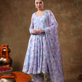 Sky Blue Floral Printed Georgette Anarkali Set With Fringed Dupatta
