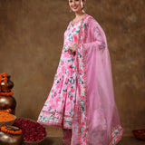 Rose Pink Floral Printed Georgette Anarkali Set With Metallic Borders