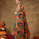 Emerald Green Botanical Printed Georgette Anarkali Set With Gota Detail