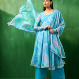 Aqua Marble Printed Georgette Anarkali Set With Tiered Hem
