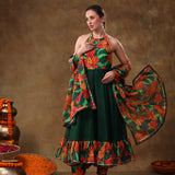 Bottle Green Floral Printed Georgette Halter Anarkali Set