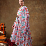 Multicolor Floral Printed Georgette Anarkali Set With Silver Lace Trim