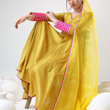 Mustard Yellow Cotton Anarkali Set With Pink Chevron Cuffs