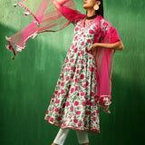 Ivory Rose Printed Blended Fabric Anarkali Set With Pink Dupatta