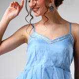 Sky Blue Organza Tiered Cami Set With Silver Piping