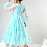 Mint Green Organza Ruffled Gown With Sheer Puff Sleeves