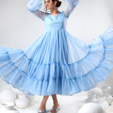 Sky Blue Organza Ruffled Gown With Sheer Puff Sleeves