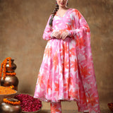 Pastel Pink Floral Printed Georgette Anarkali Set With Scalloped Edge
