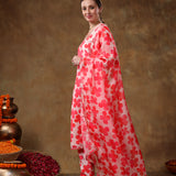 Coral Red Clover Motif Georgette Salwar Set With Fine Silver Trims