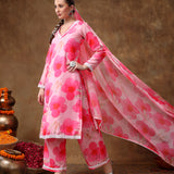 Bright Pink Poppy Floral Printed Georgette Salwar Set With Lace Accents