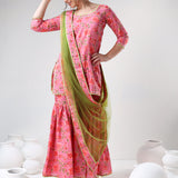 Coral Pink Floral Printed Cotton Sharara Set With Green Dupatta