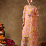 Peach Sunburst Printed Georgette Salwar Set With Yellow Accent Piping