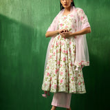 Ivory Rose Printed Blended Fabric Anarkali Set With Pastel Dupatta