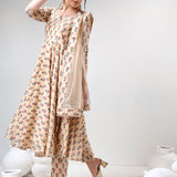 Beige Floral Printed Cotton Anarkali Set With Gota Trim