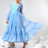 Sky Blue Organza Ruffled Gown With Sheer Puff Sleeves