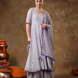 Lavender Micro Floral Georgette Anarkali Set With Layered Tassels