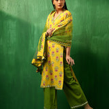 Mustard Yellow Floral Printed Cotton Salwar Set With Olive Pants