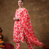Coral Red Clover Motif Georgette Salwar Set With Fine Silver Trims