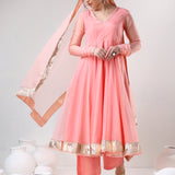 Blush Peach Cotton Anarkali Set With Metallic Gota Border