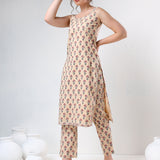 Beige Floral Printed Cotton Salwar Set With Halter Neck