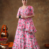 Blush Pink Floral Printed Organza Ruffled Lehenga Set