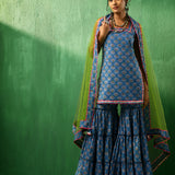 Cobalt Blue Floral Printed Cotton Sharara Set With Green Dupatta