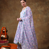 Sky Blue Floral Printed Georgette Anarkali Set With Fringed Dupatta